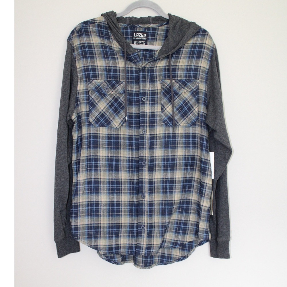 Lazer Garment Company Mens Blue Plaid Hooded Flannel Shirt Classic Fit M NWT